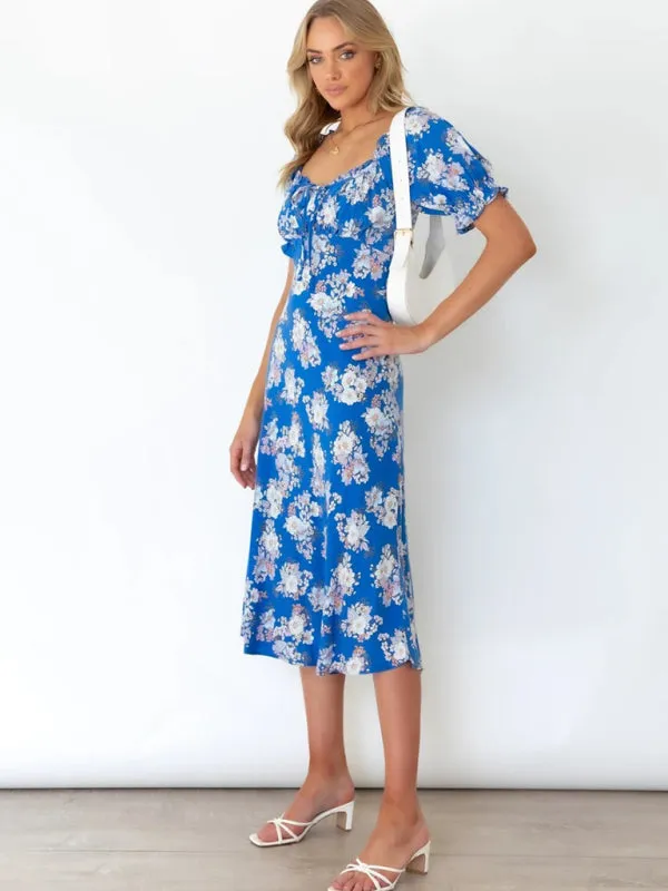 Floral Print Midi Dress with Square Neck and Balloon Sleeves