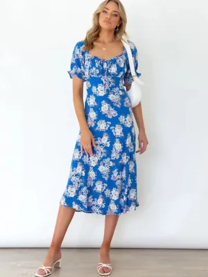 Floral Print Midi Dress with Square Neck and Balloon Sleeves