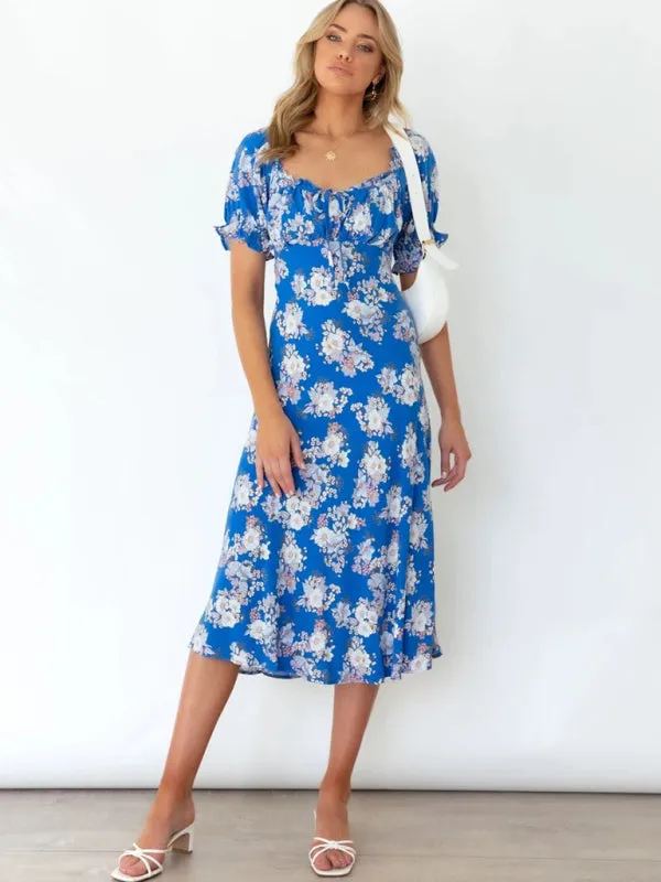 Floral Print Midi Dress with Square Neck and Balloon Sleeves