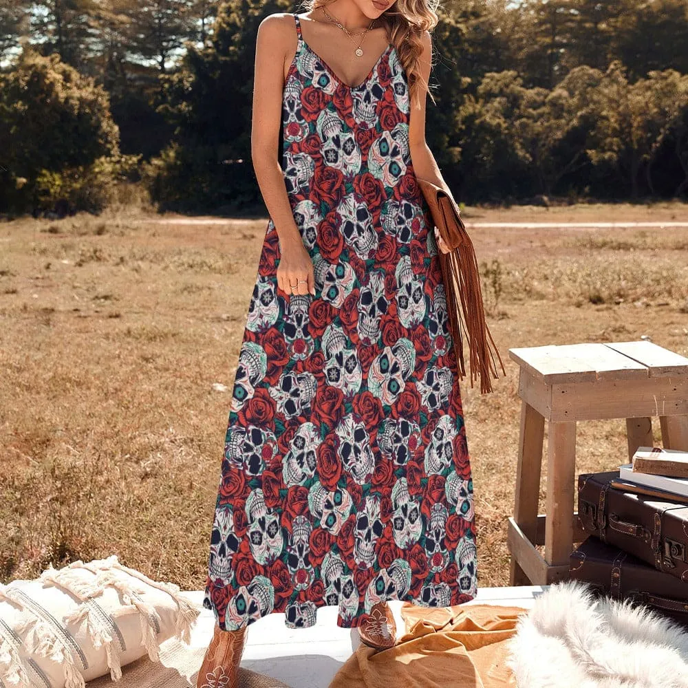 Floral Skulls Sling Ankle Long Maxi Dress