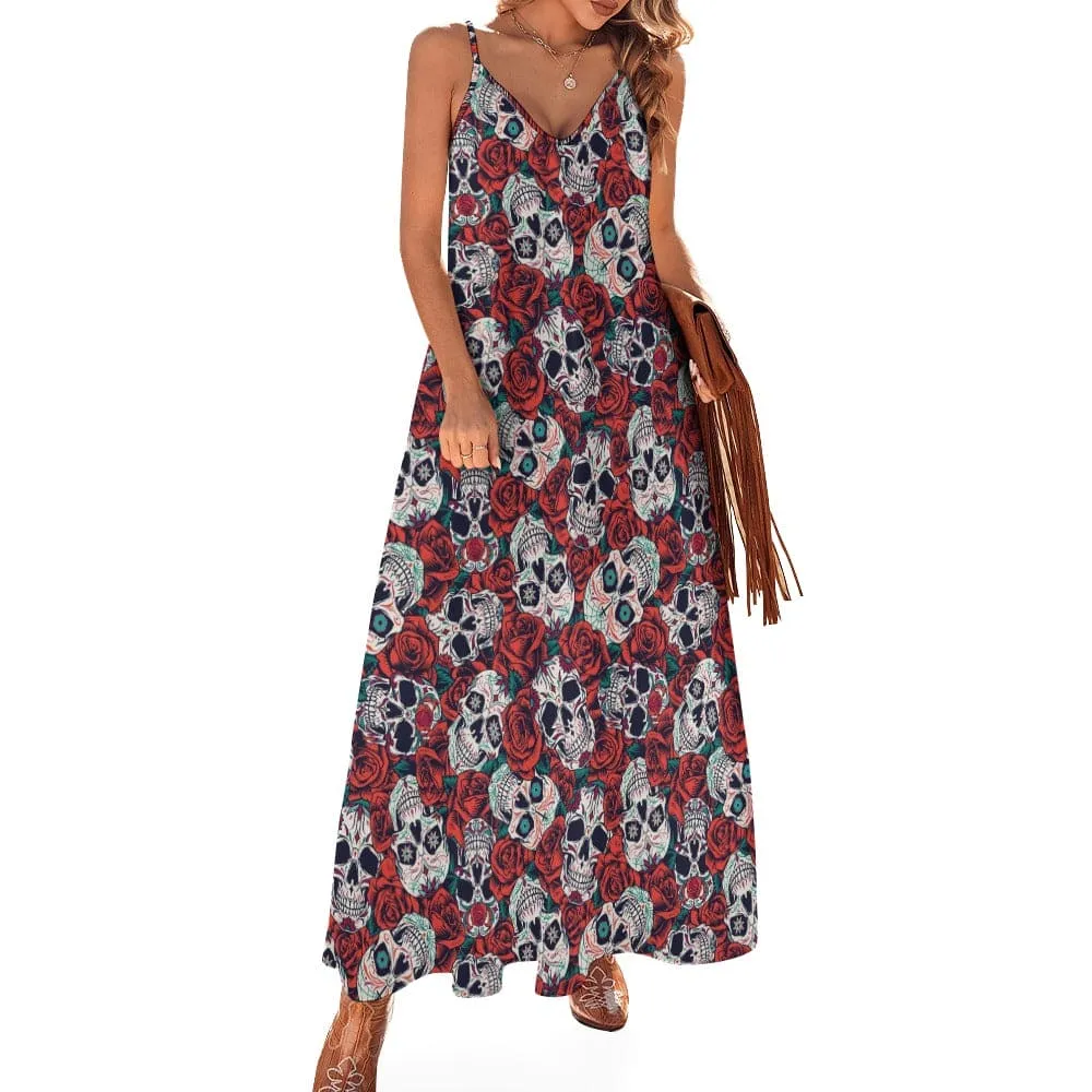 Floral Skulls Sling Ankle Long Maxi Dress