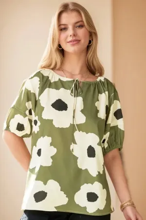Floral Tie-Front Puff Sleeve Green Blouse for Chic Summer Style