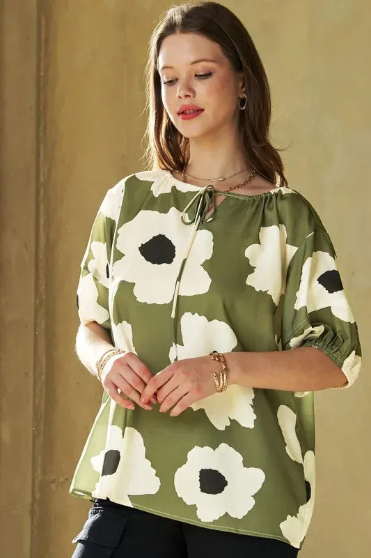 Floral Tie-Front Puff Sleeve Green Blouse for Chic Summer Style