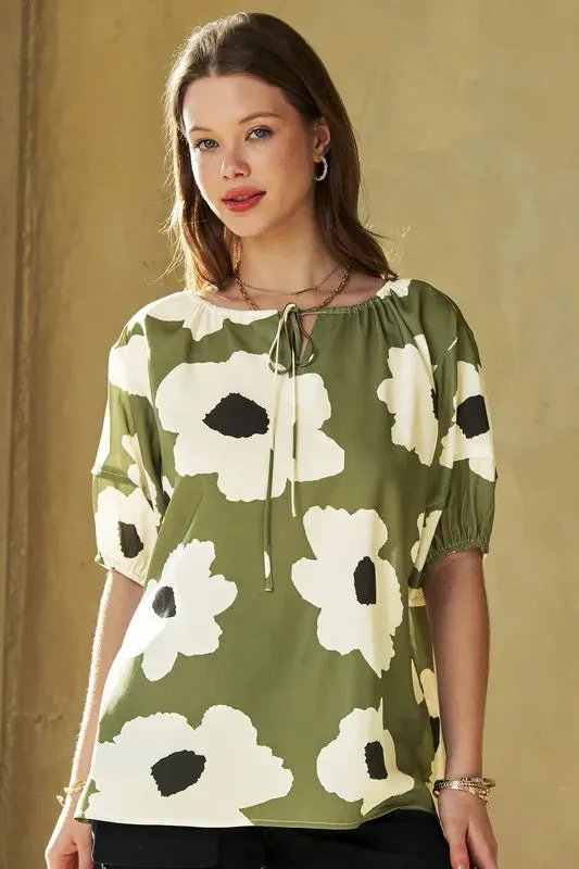 Floral Tie-Front Puff Sleeve Green Blouse for Chic Summer Style