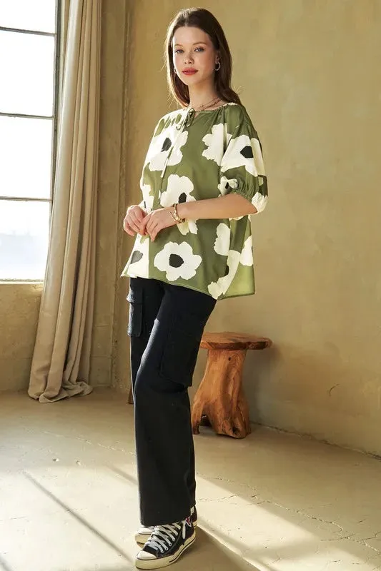 Floral Tie-Front Puff Sleeve Green Blouse for Chic Summer Style