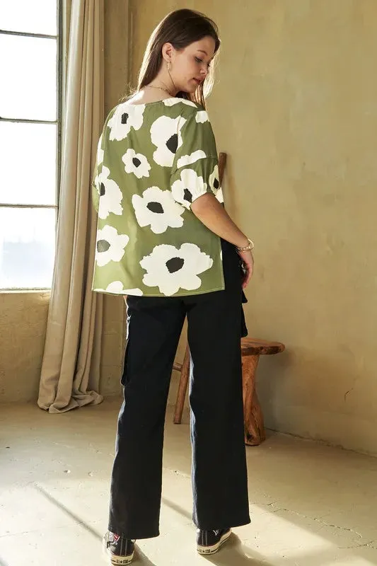 Floral Tie-Front Puff Sleeve Green Blouse for Chic Summer Style