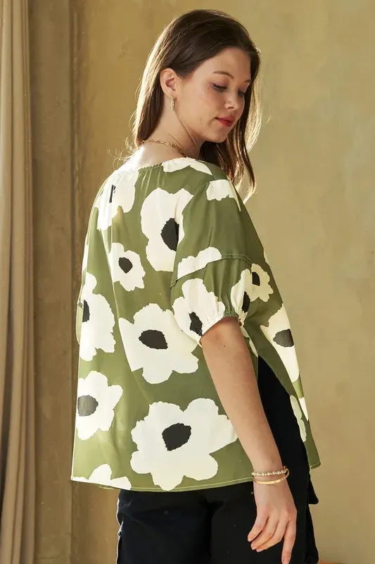 Floral Tie-Front Puff Sleeve Green Blouse for Chic Summer Style