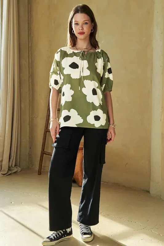 Floral Tie-Front Puff Sleeve Green Blouse for Chic Summer Style