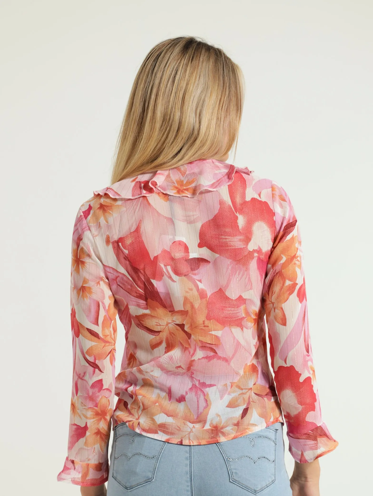 Frilly 3/4  Blouse With Front Tie Detailing