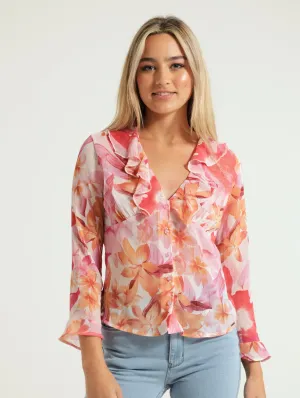 Frilly 3/4  Blouse With Front Tie Detailing