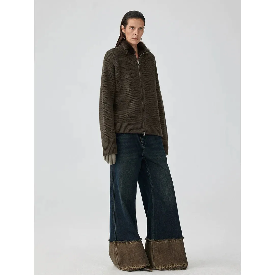 Fur Collar Zipper Cardigan