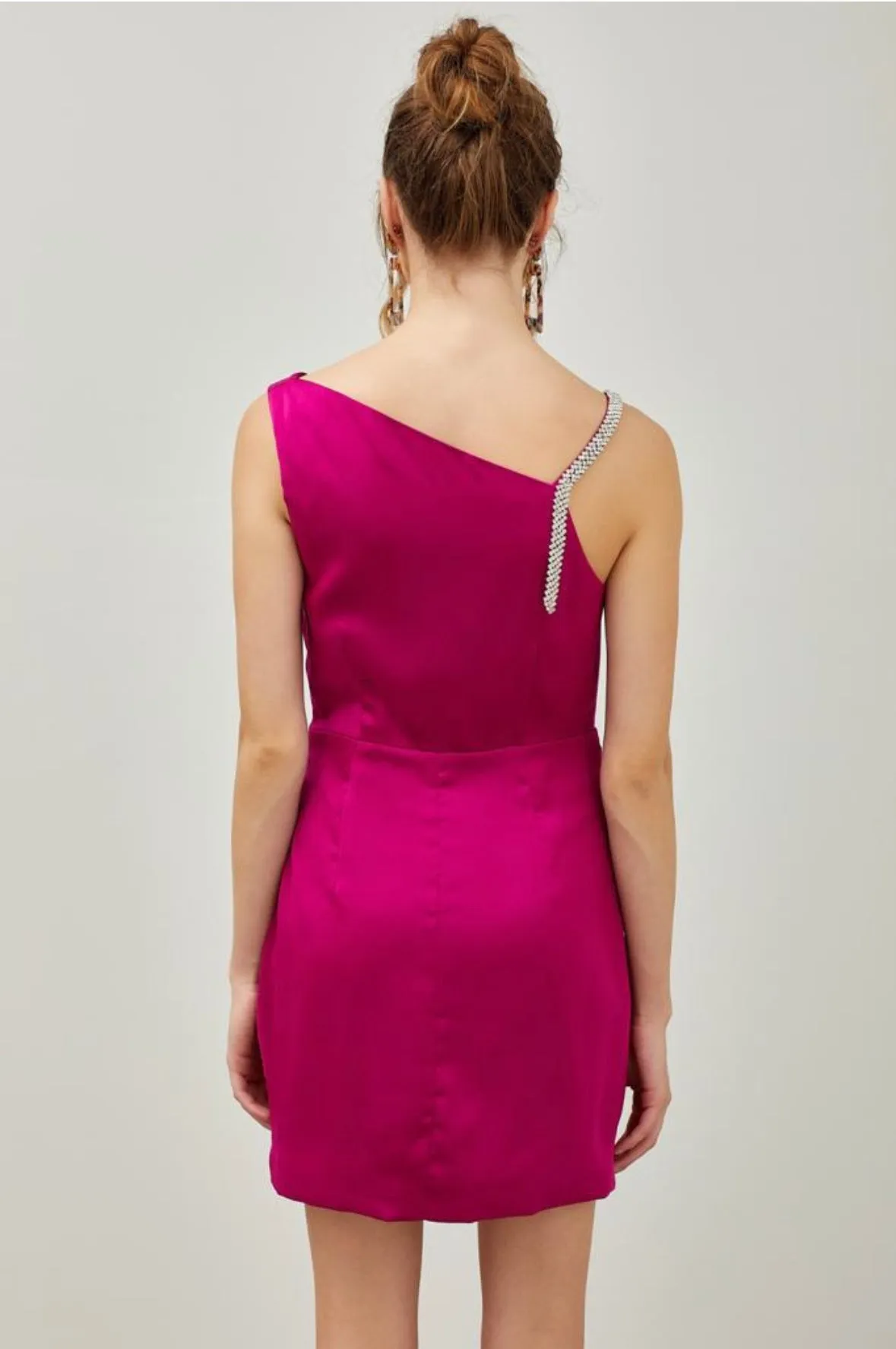 GABRIELLA SATIN COWEL NECK RHINESTONED STRAP MINI DRESS
