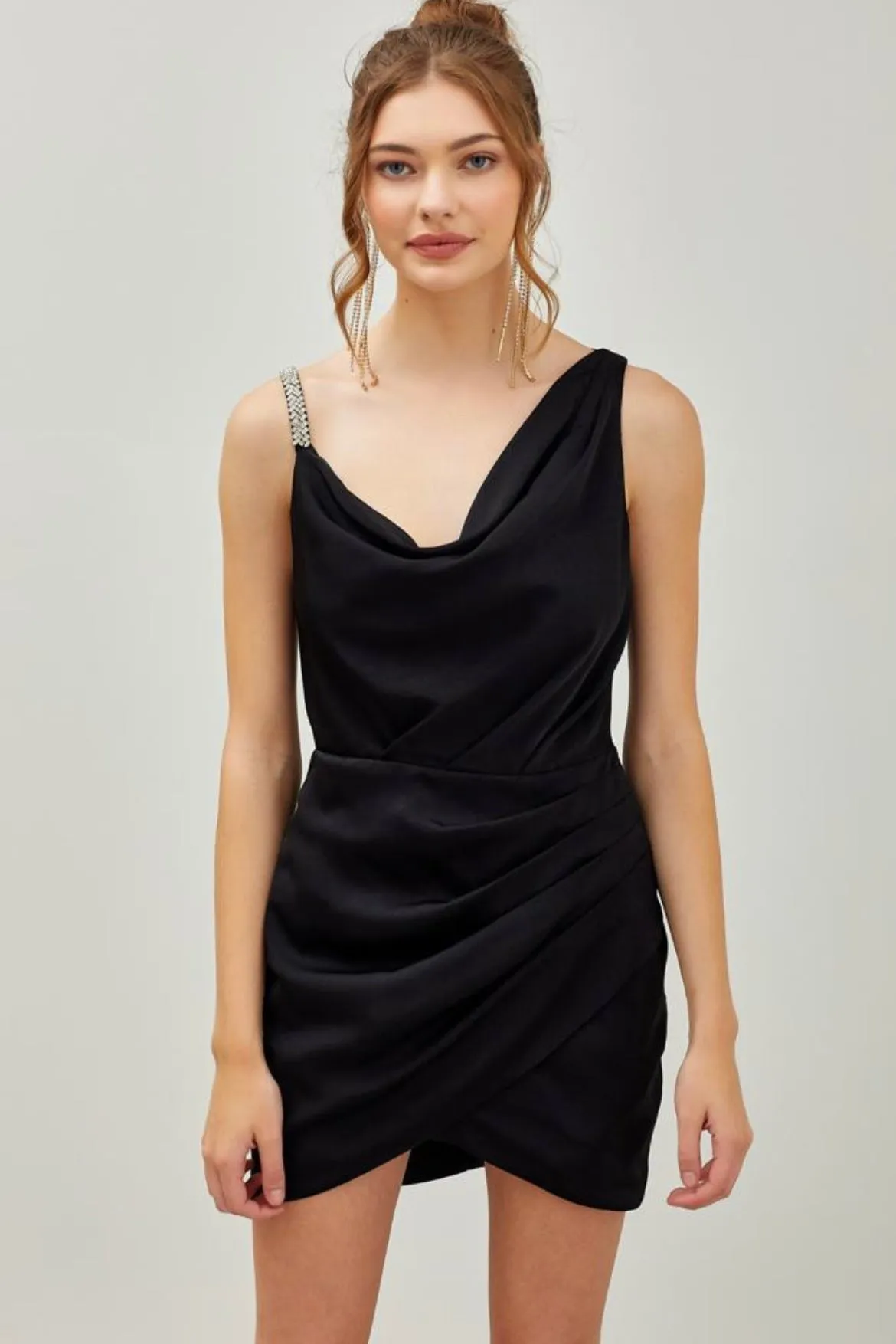 GABRIELLA SATIN COWEL NECK RHINESTONED STRAP MINI DRESS