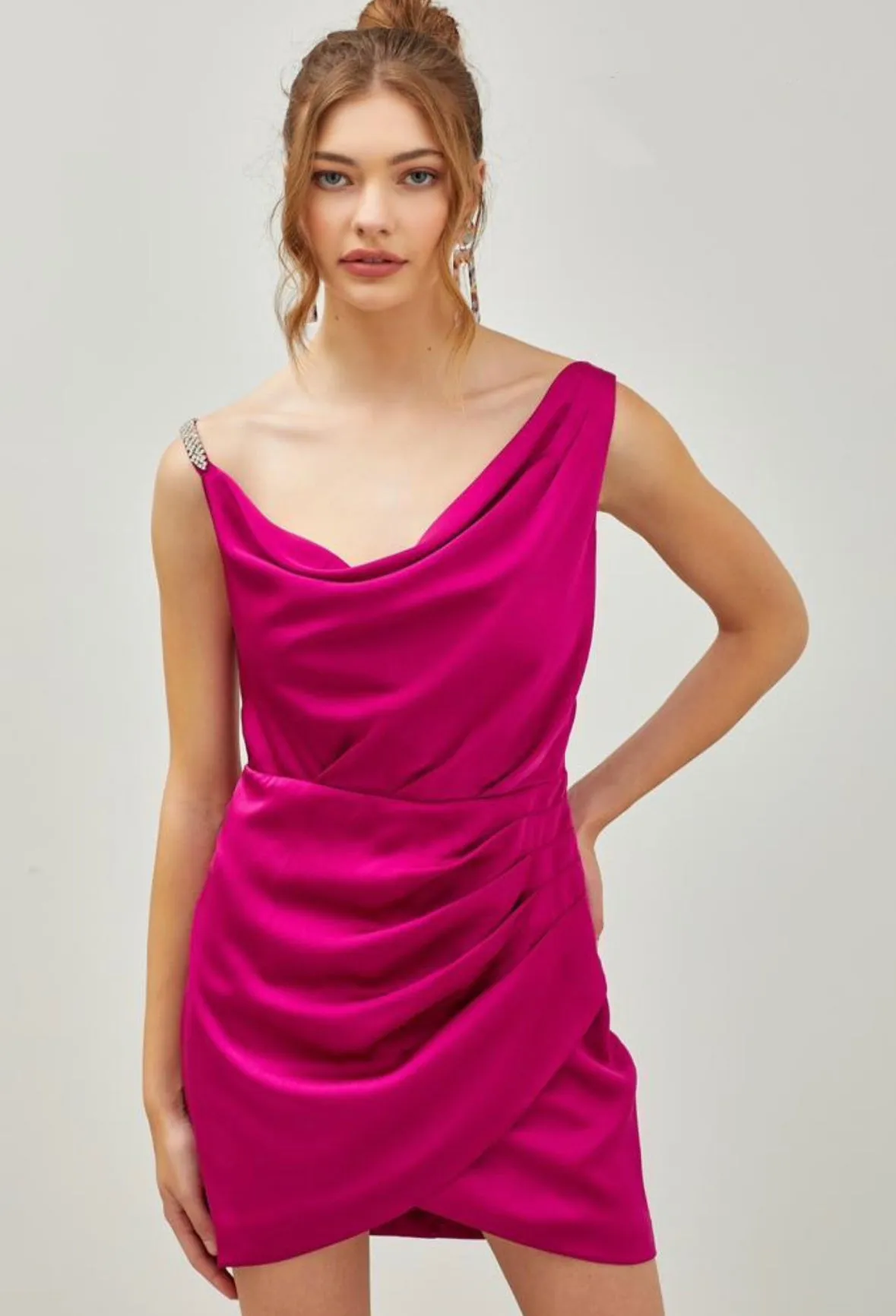 GABRIELLA SATIN COWEL NECK RHINESTONED STRAP MINI DRESS