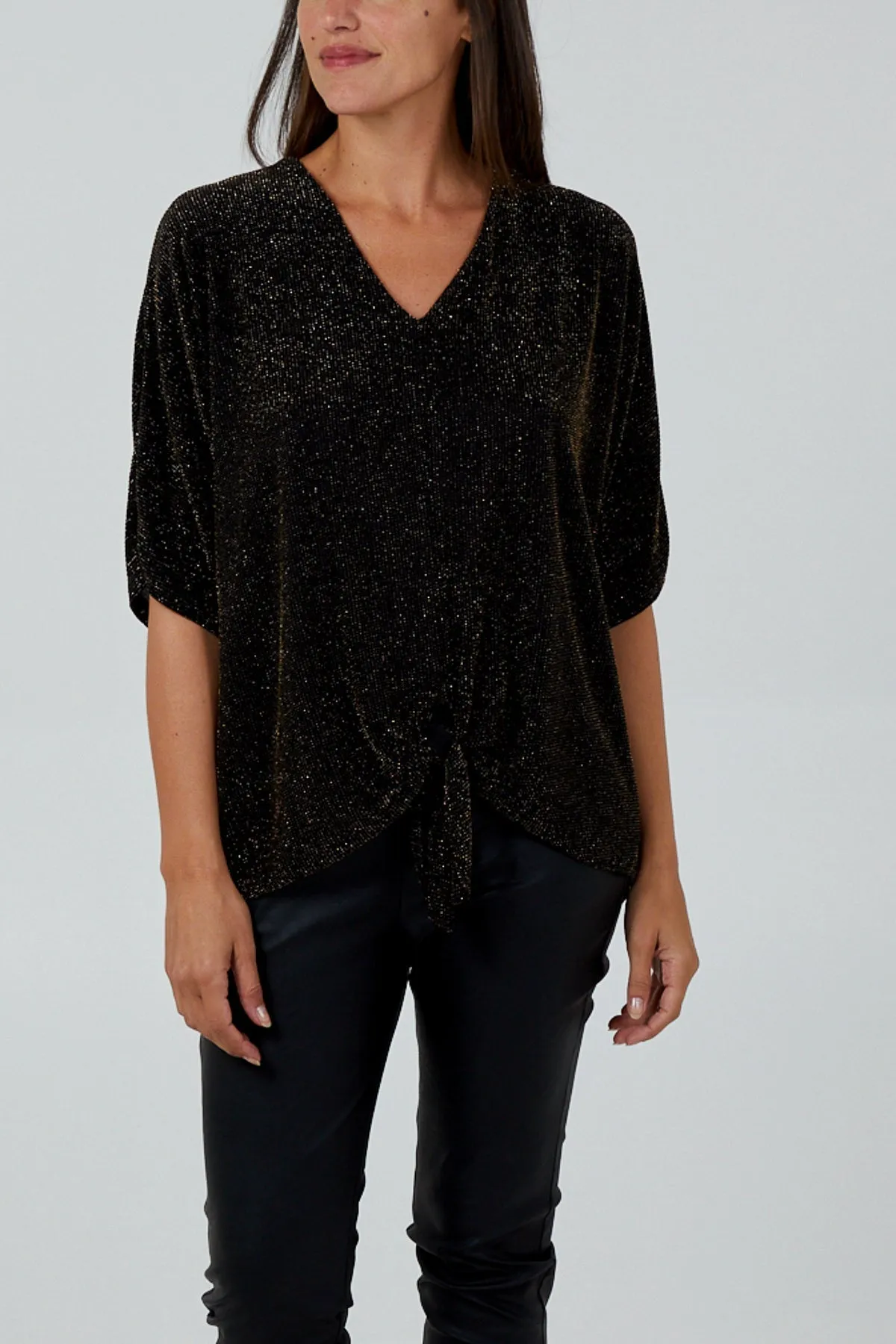 Glitter Lurex Tie Front Hem Blouse