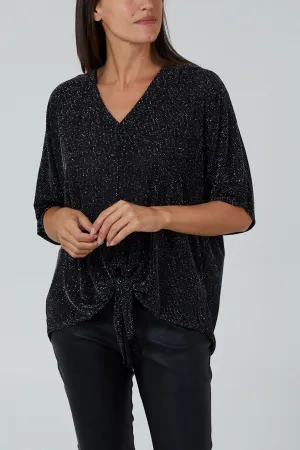 Glitter Lurex Tie Front Hem Blouse