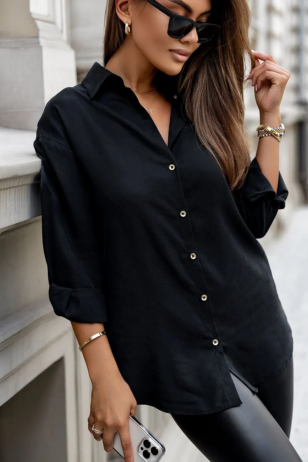 Gold-Button Elegant Long-Sleeve Shirt