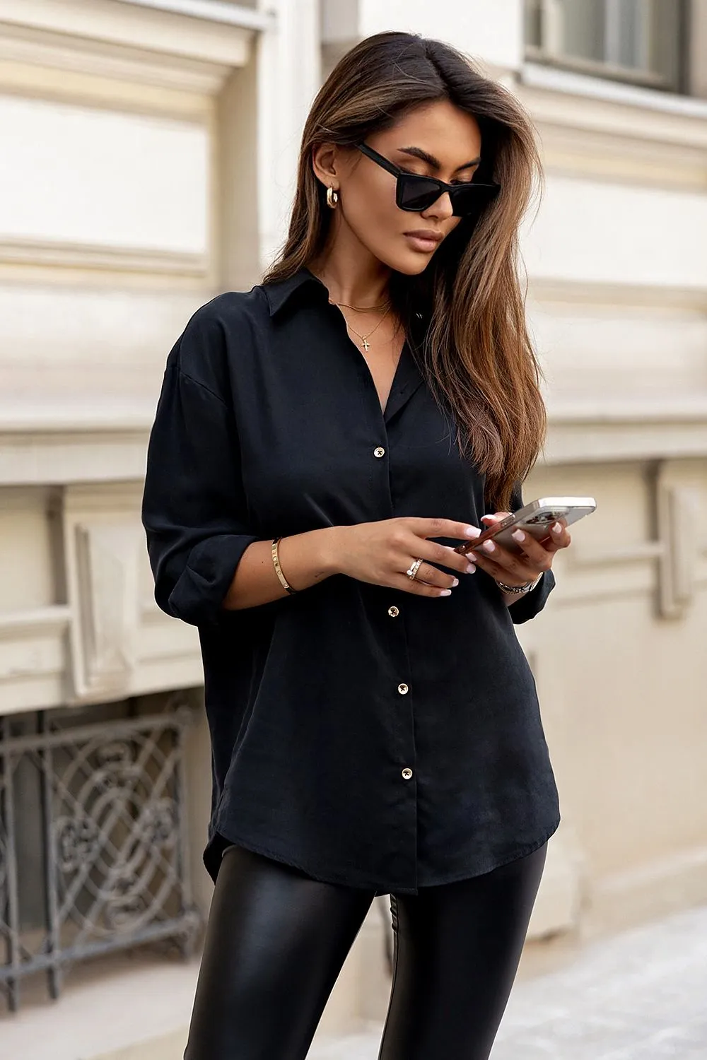 Gold-Button Elegant Long-Sleeve Shirt