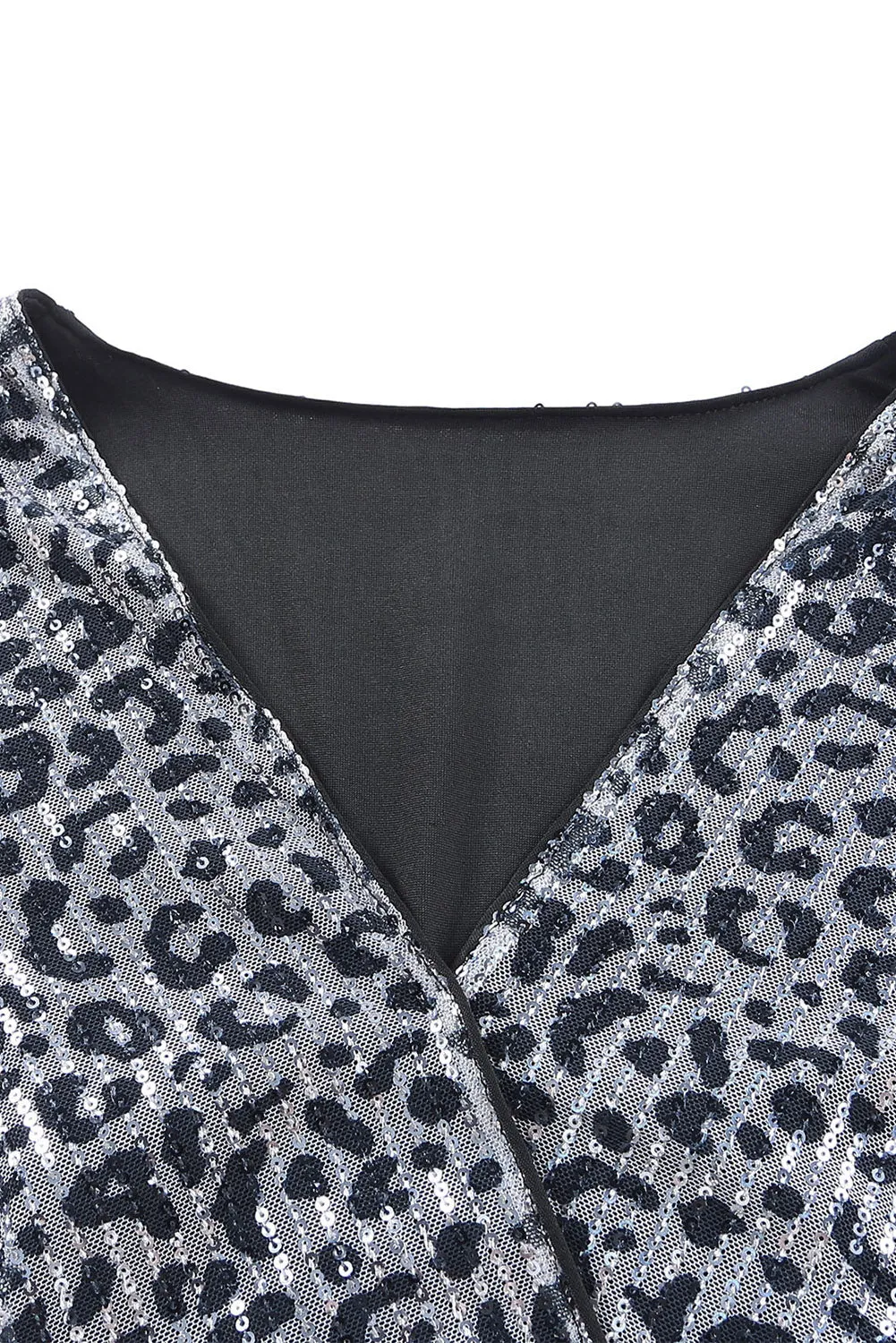 Gray Leopard Sequins V Neck Wrap Dress with Tie