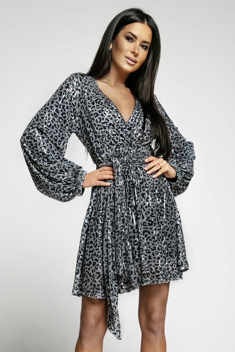 Gray Leopard Sequins V Neck Wrap Dress with Tie