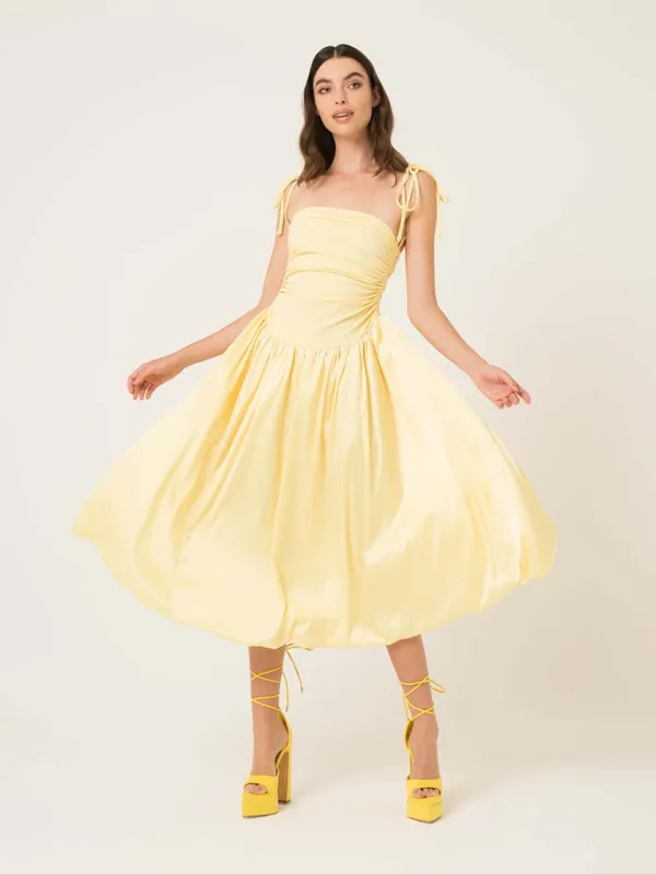 Halterneck Midi Dress with Gathered Bodice and Tie-Up Straps