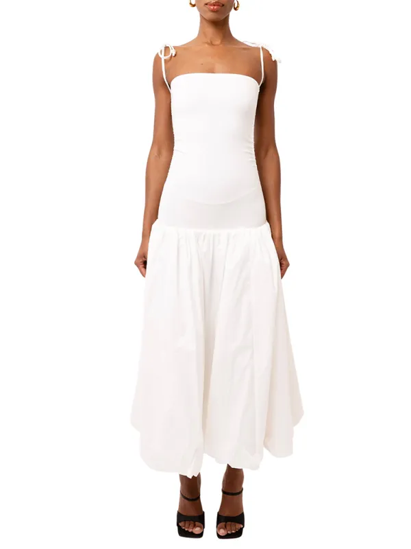 Halterneck Midi Dress with Gathered Bodice and Tie-Up Straps