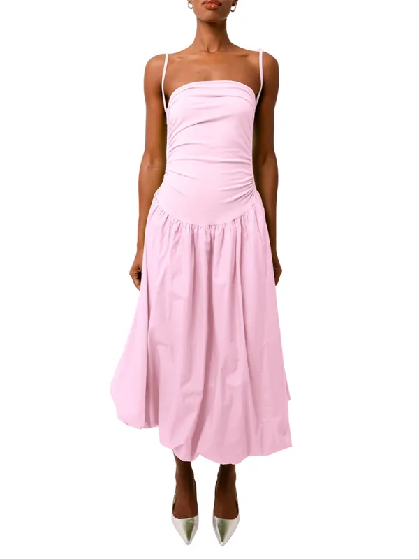 Halterneck Midi Dress with Gathered Bodice and Tie-Up Straps