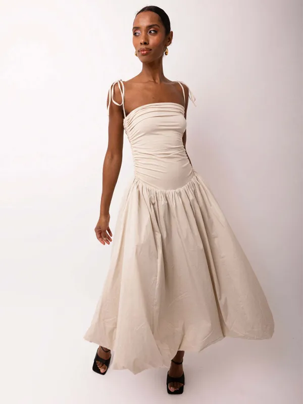 Halterneck Midi Dress with Gathered Bodice and Tie-Up Straps