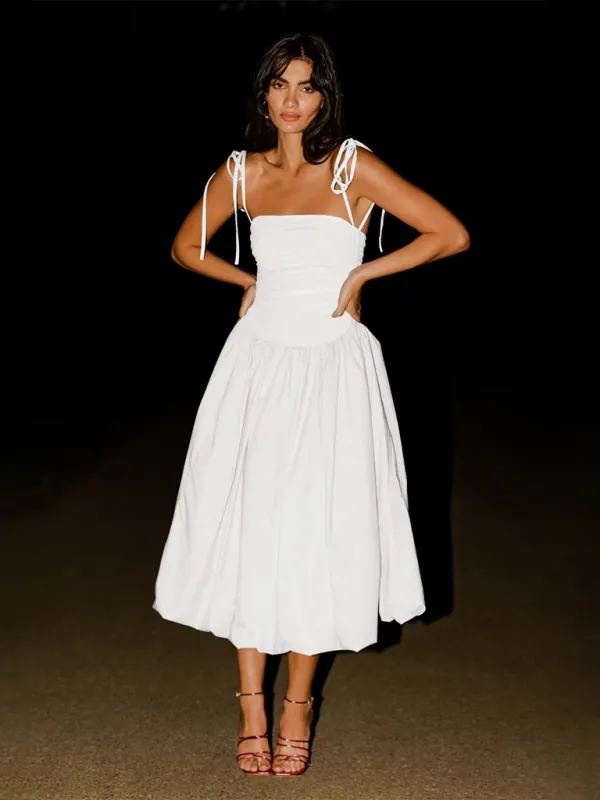 Halterneck Midi Dress with Gathered Bodice and Tie-Up Straps