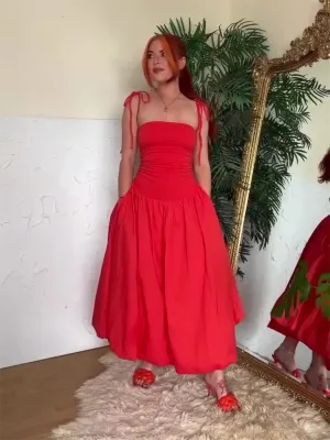 Halterneck Midi Dress with Gathered Bodice and Tie-Up Straps
