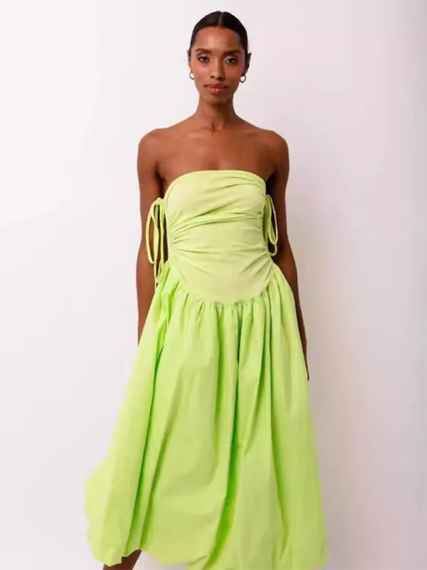 Halterneck Midi Dress with Gathered Bodice and Tie-Up Straps