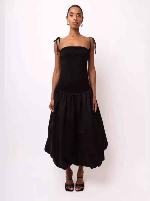 Halterneck Midi Dress with Gathered Bodice and Tie-Up Straps