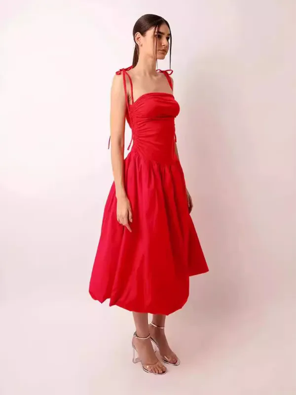Halterneck Midi Dress with Gathered Bodice and Tie-Up Straps