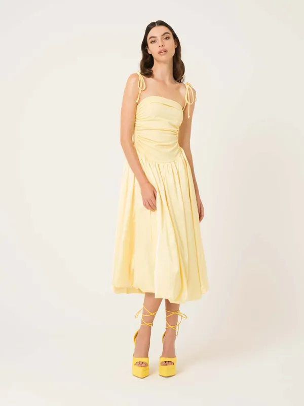 Halterneck Midi Dress with Gathered Bodice and Tie-Up Straps
