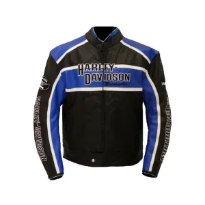 Harley Davidson Men's Blue & Black Leather Biker Jacket