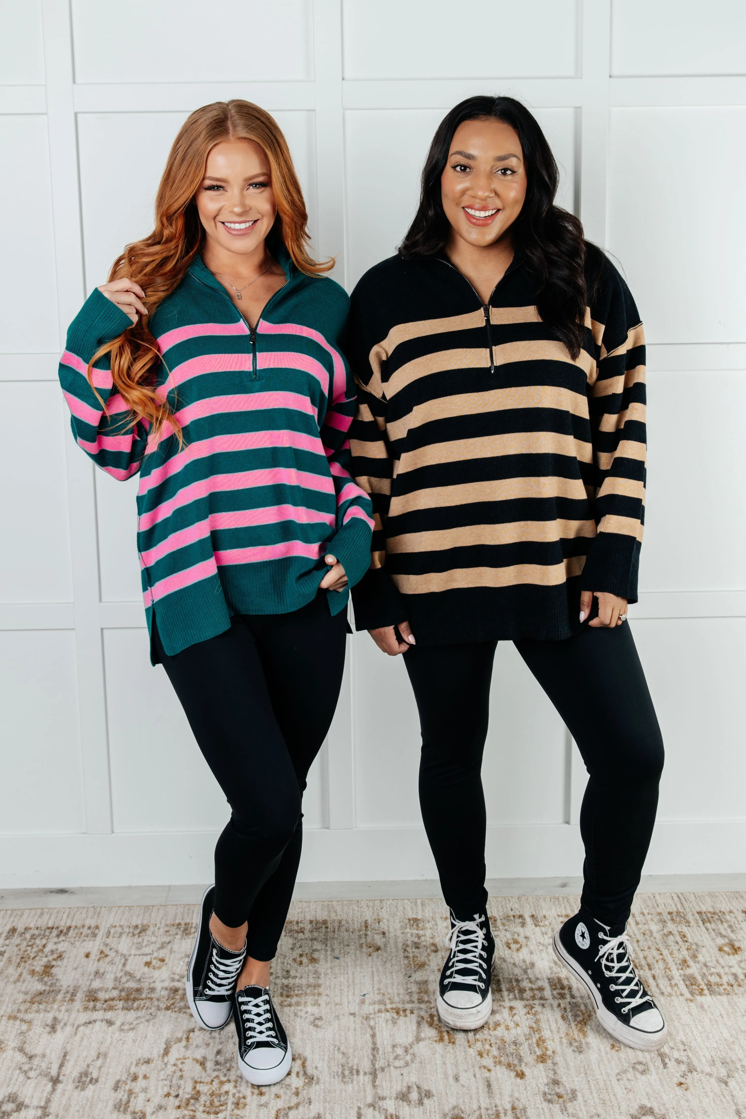 Hazel Blues® |  Well Situated Striped Quarter Zip Sweater in Green and Pink