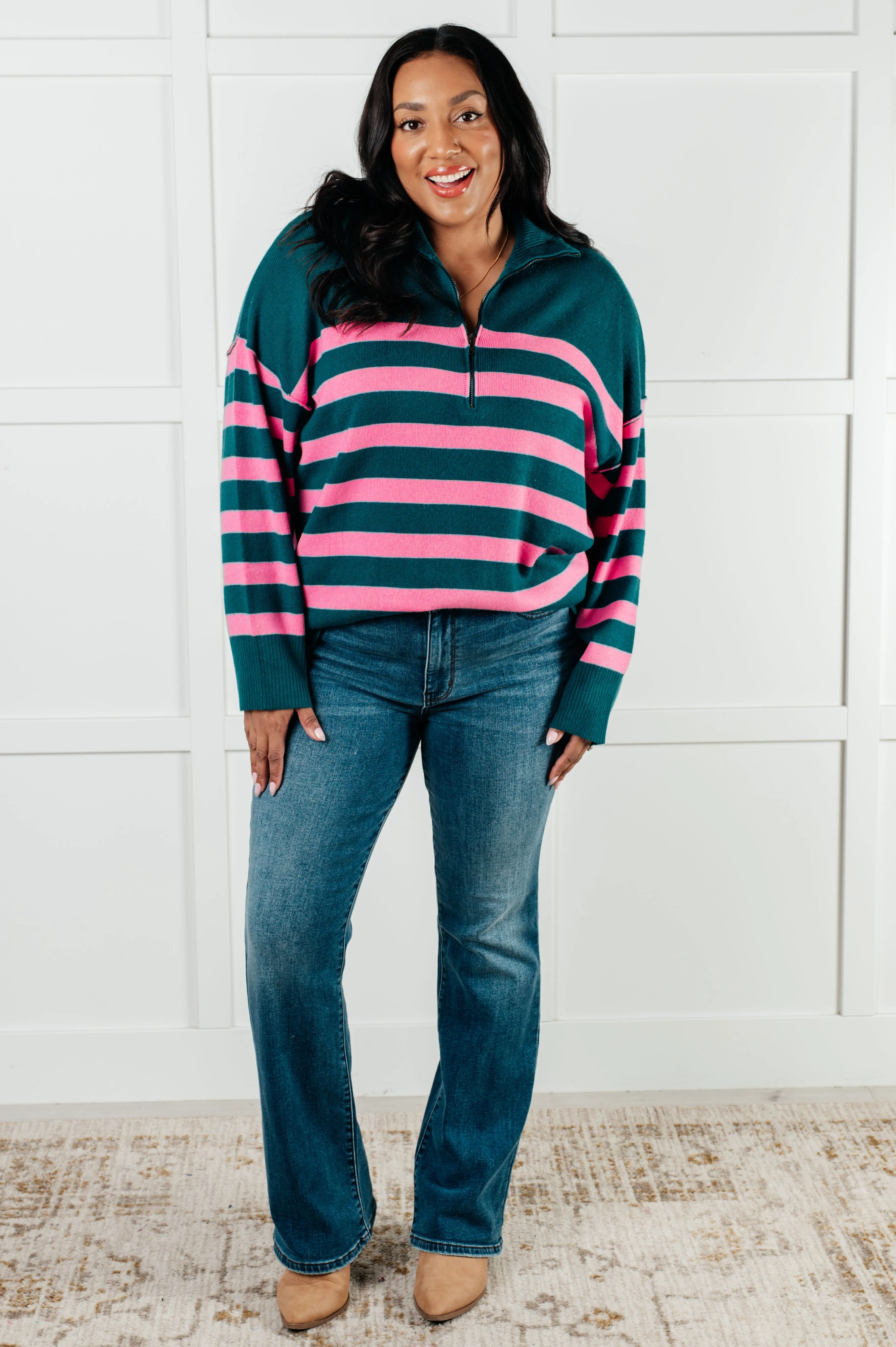 Hazel Blues® |  Well Situated Striped Quarter Zip Sweater in Green and Pink
