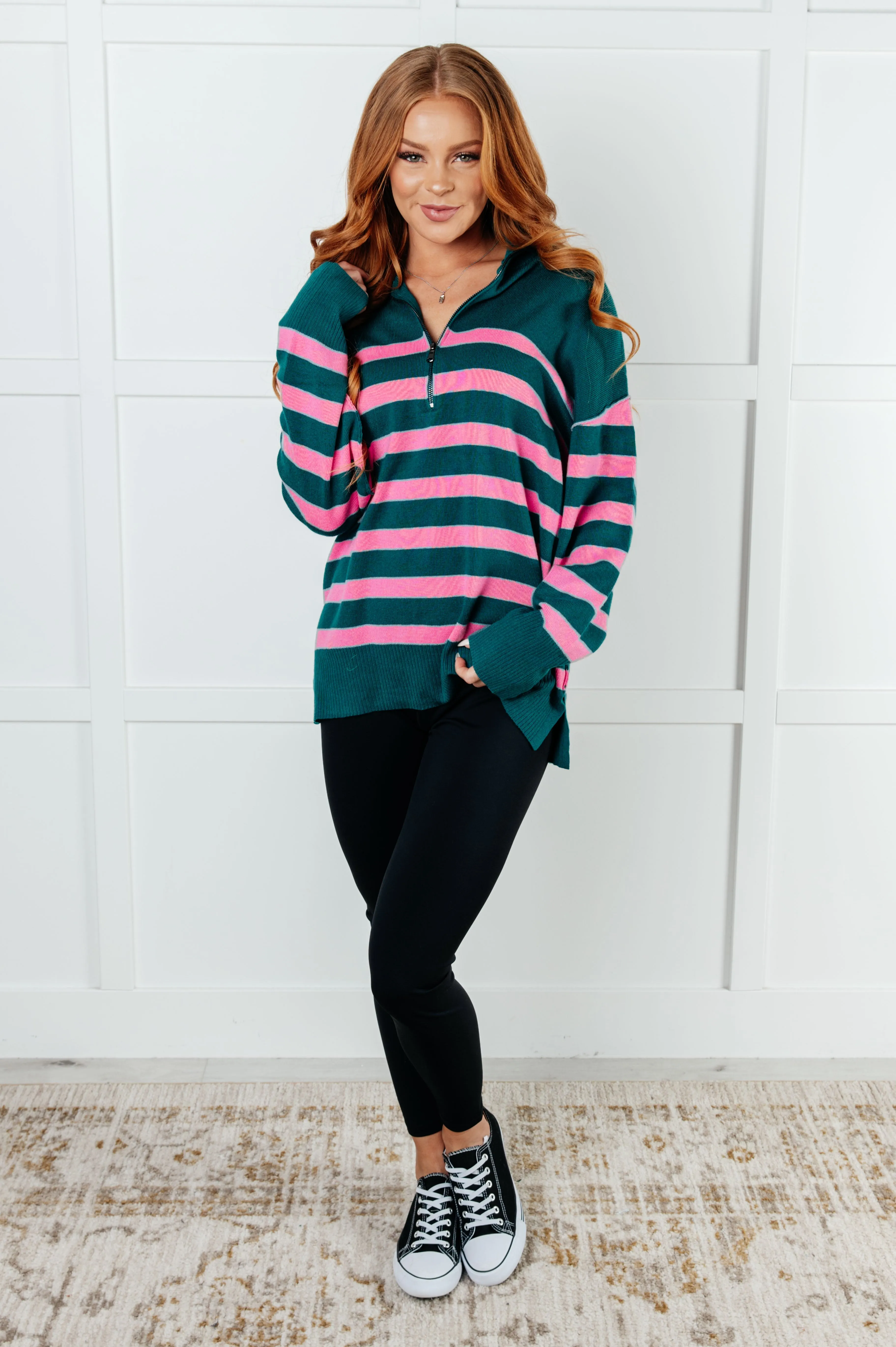 Hazel Blues® |  Well Situated Striped Quarter Zip Sweater in Green and Pink