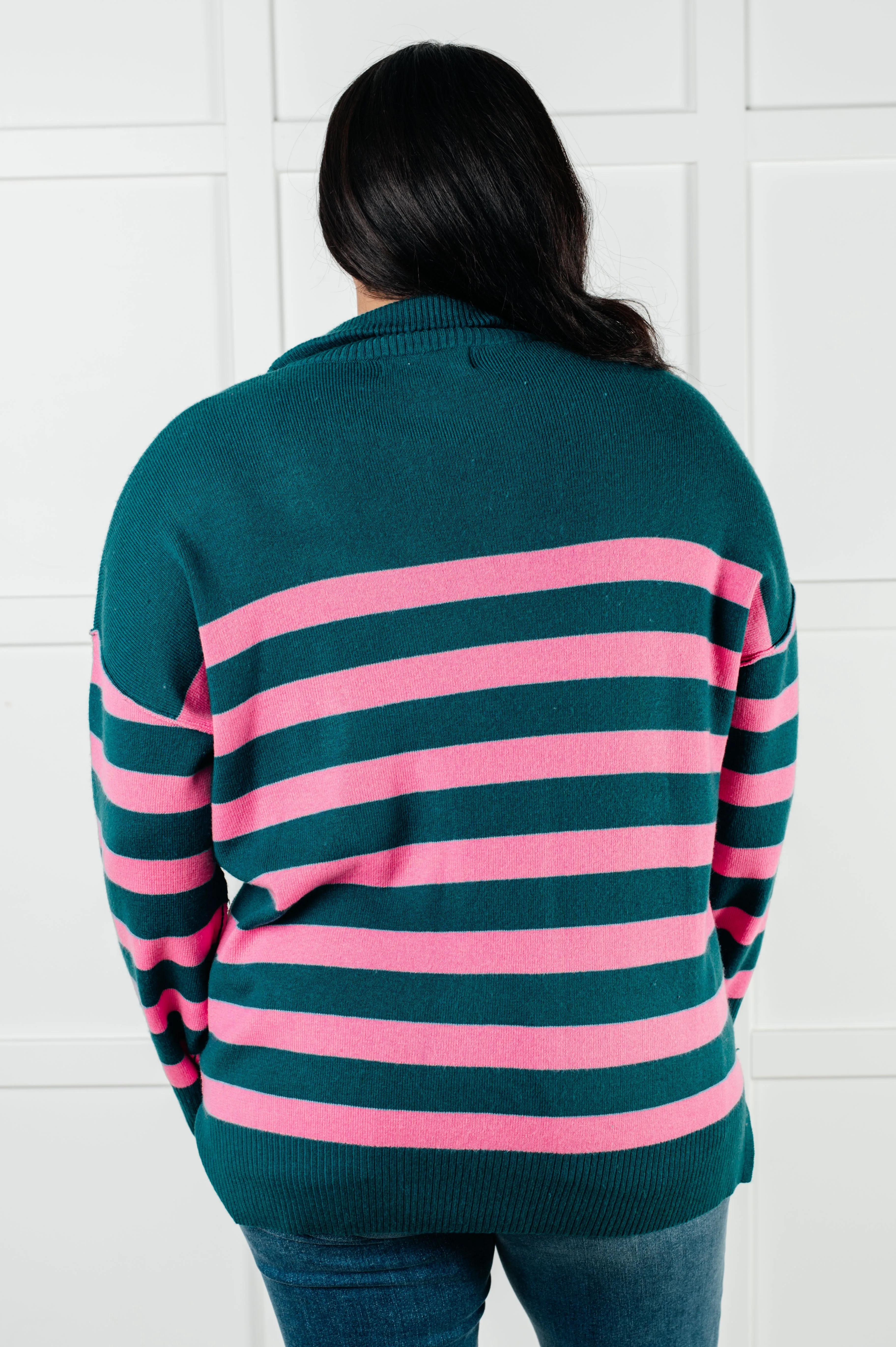 Hazel Blues® |  Well Situated Striped Quarter Zip Sweater in Green and Pink