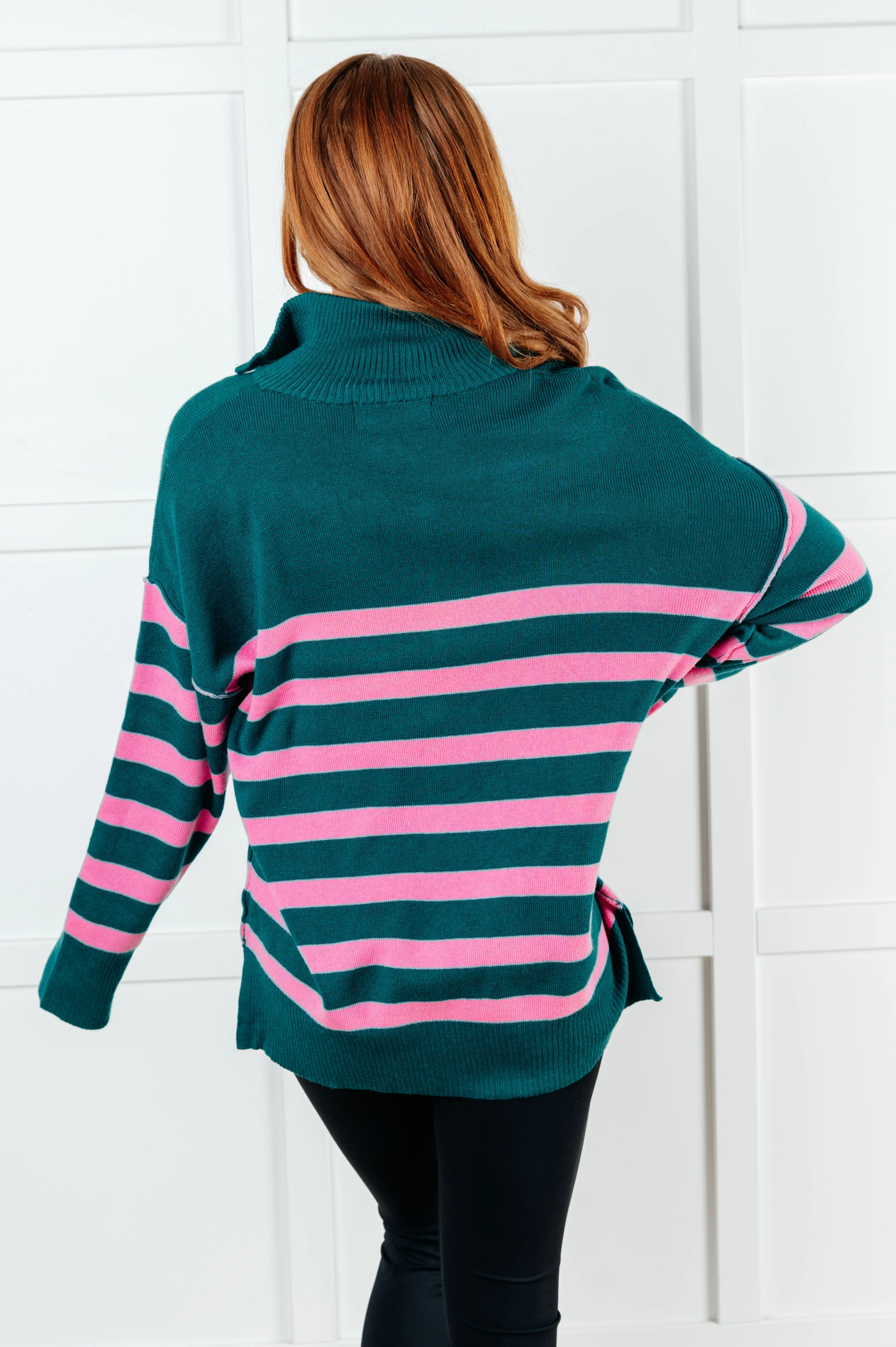 Hazel Blues® |  Well Situated Striped Quarter Zip Sweater in Green and Pink