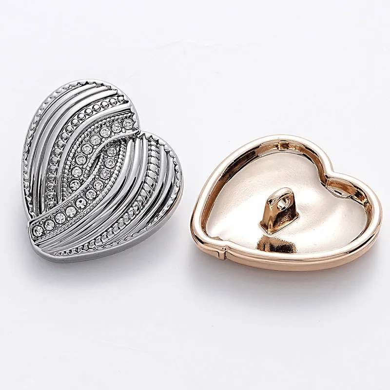 Heart-Shaped Diamond-Inlaid Striped Gold Fashion Metal Button 10pcs