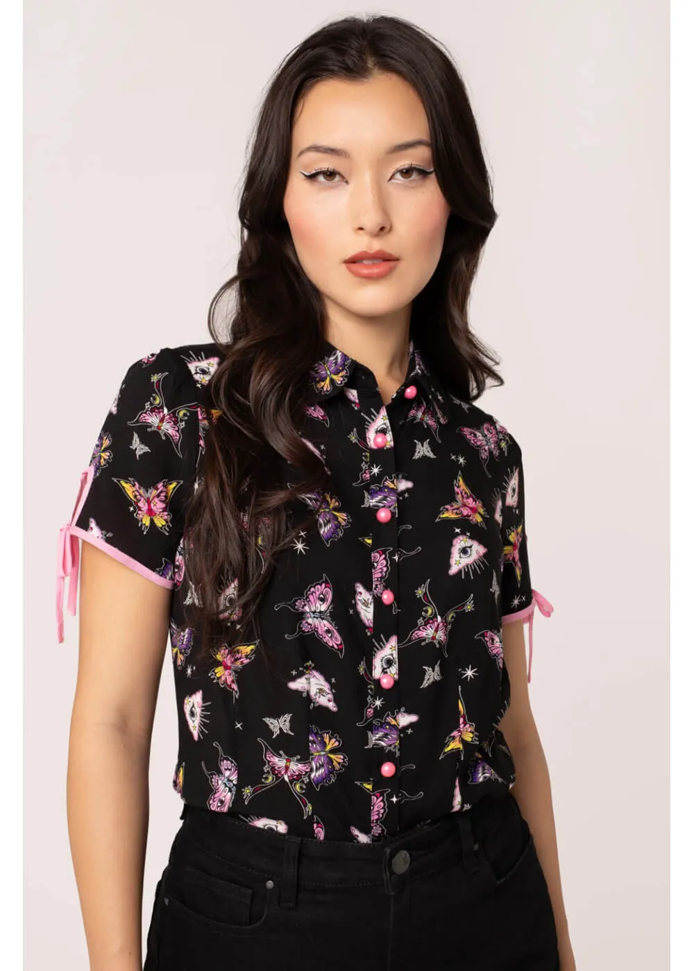 Hell Bunny Kocho Butterfly 40's Blouse Black