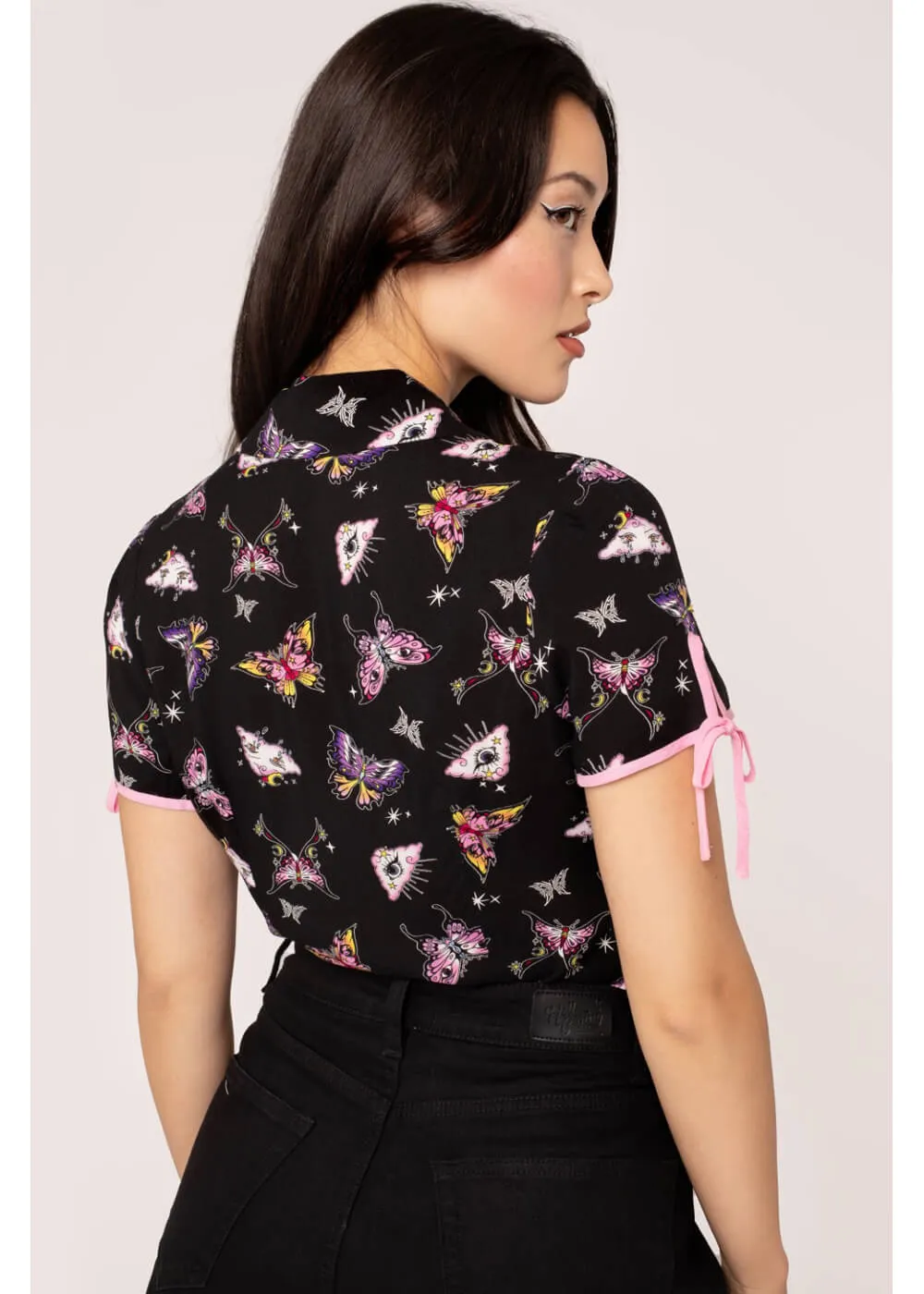 Hell Bunny Kocho Butterfly 40's Blouse Black