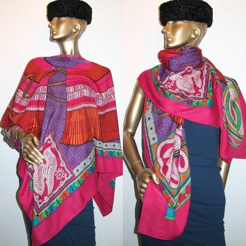 HERMES CENT PLIS DES MIAO 2010 Rose/Purple/Green Cashmere Shawl 140