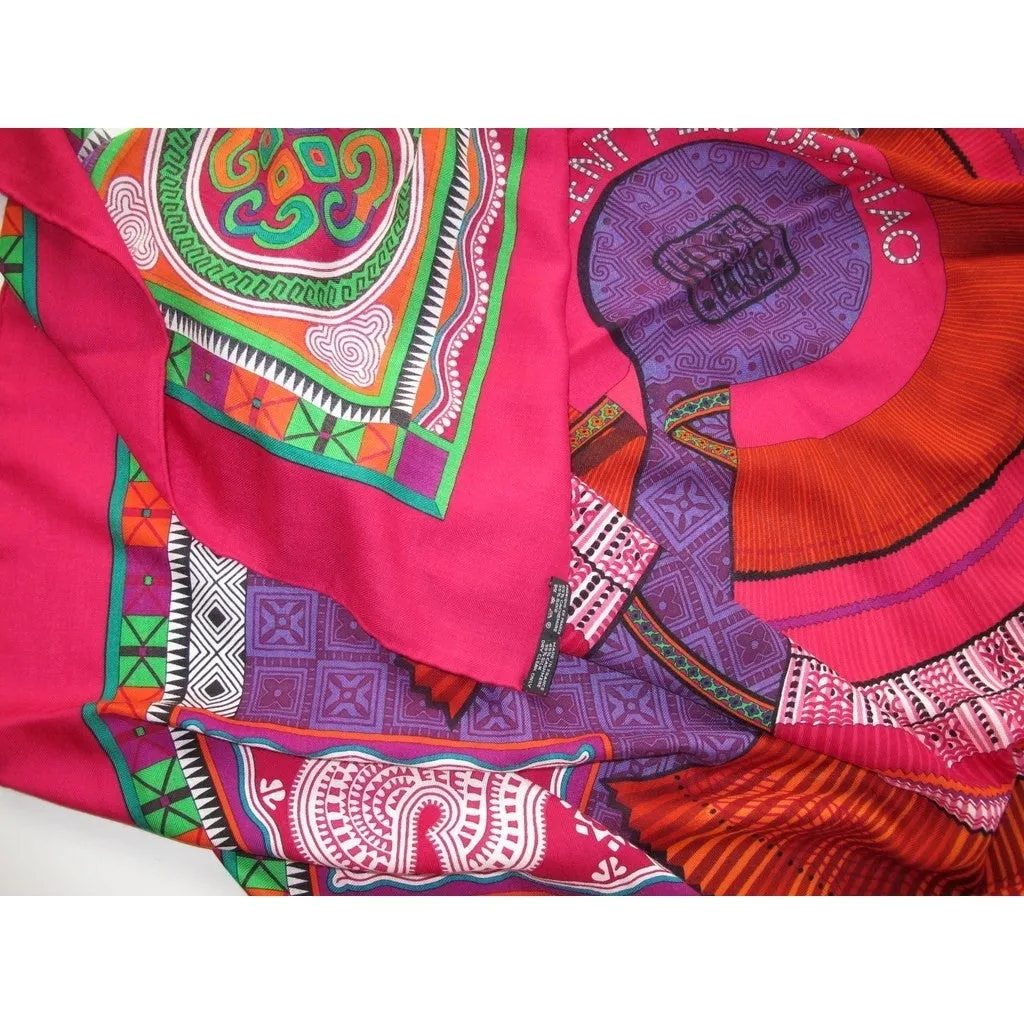 HERMES CENT PLIS DES MIAO 2010 Rose/Purple/Green Cashmere Shawl 140