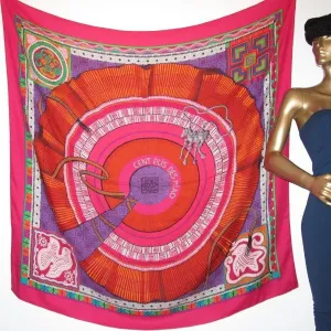 HERMES CENT PLIS DES MIAO 2010 Rose/Purple/Green Cashmere Shawl 140