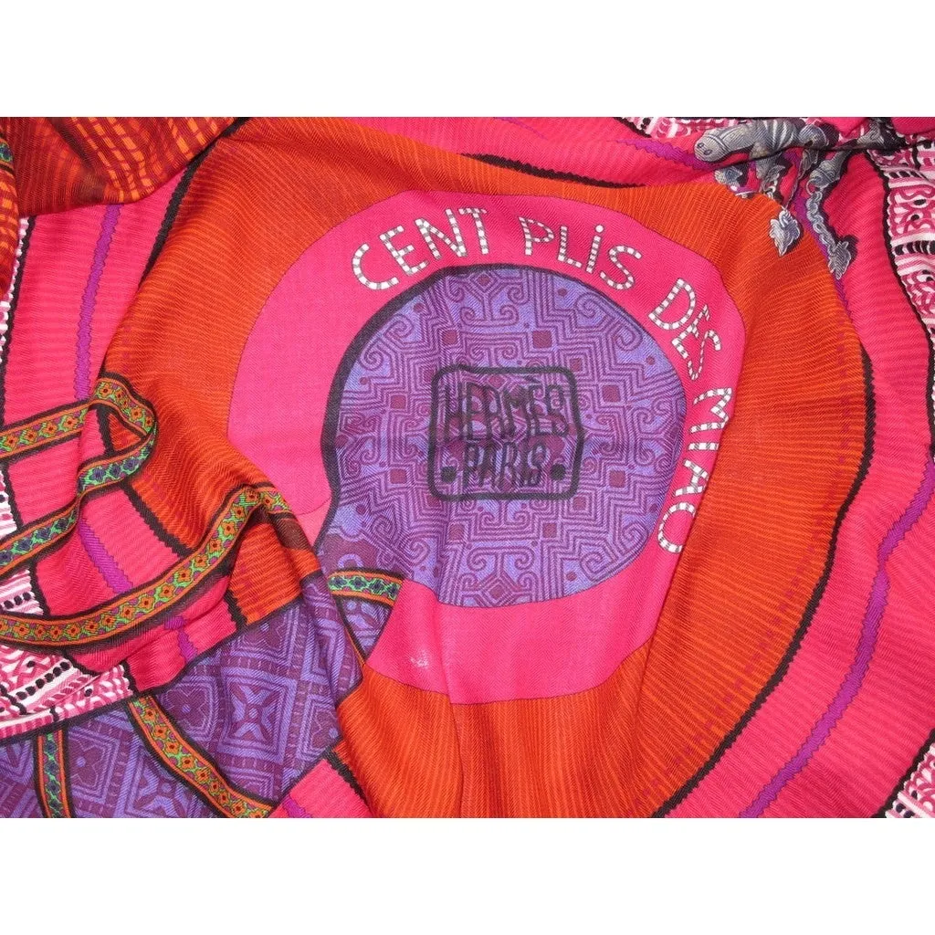 HERMES CENT PLIS DES MIAO 2010 Rose/Purple/Green Cashmere Shawl 140