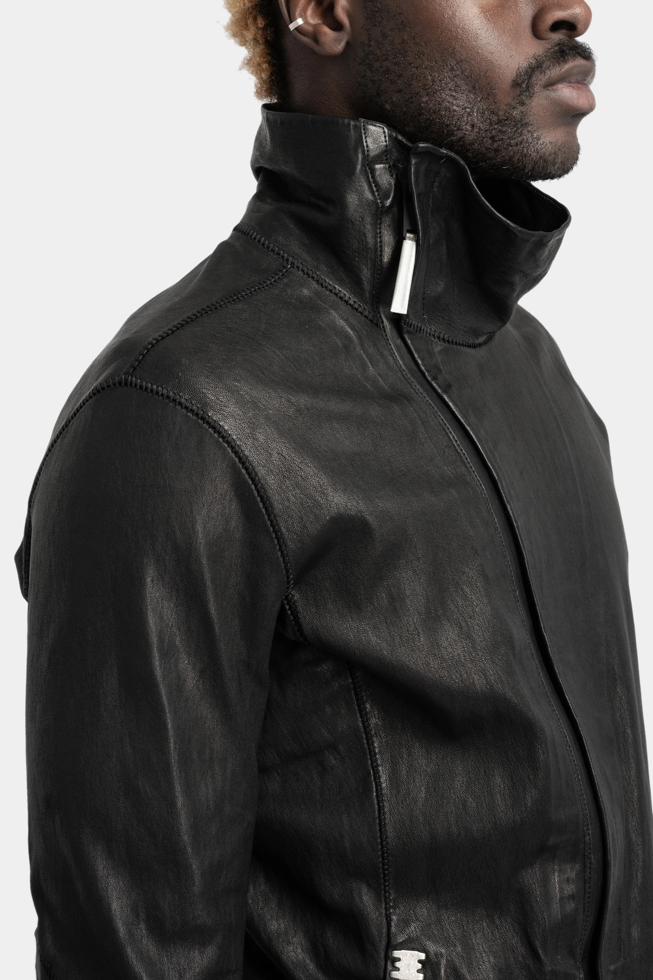 High neck asymmetric leather jacket