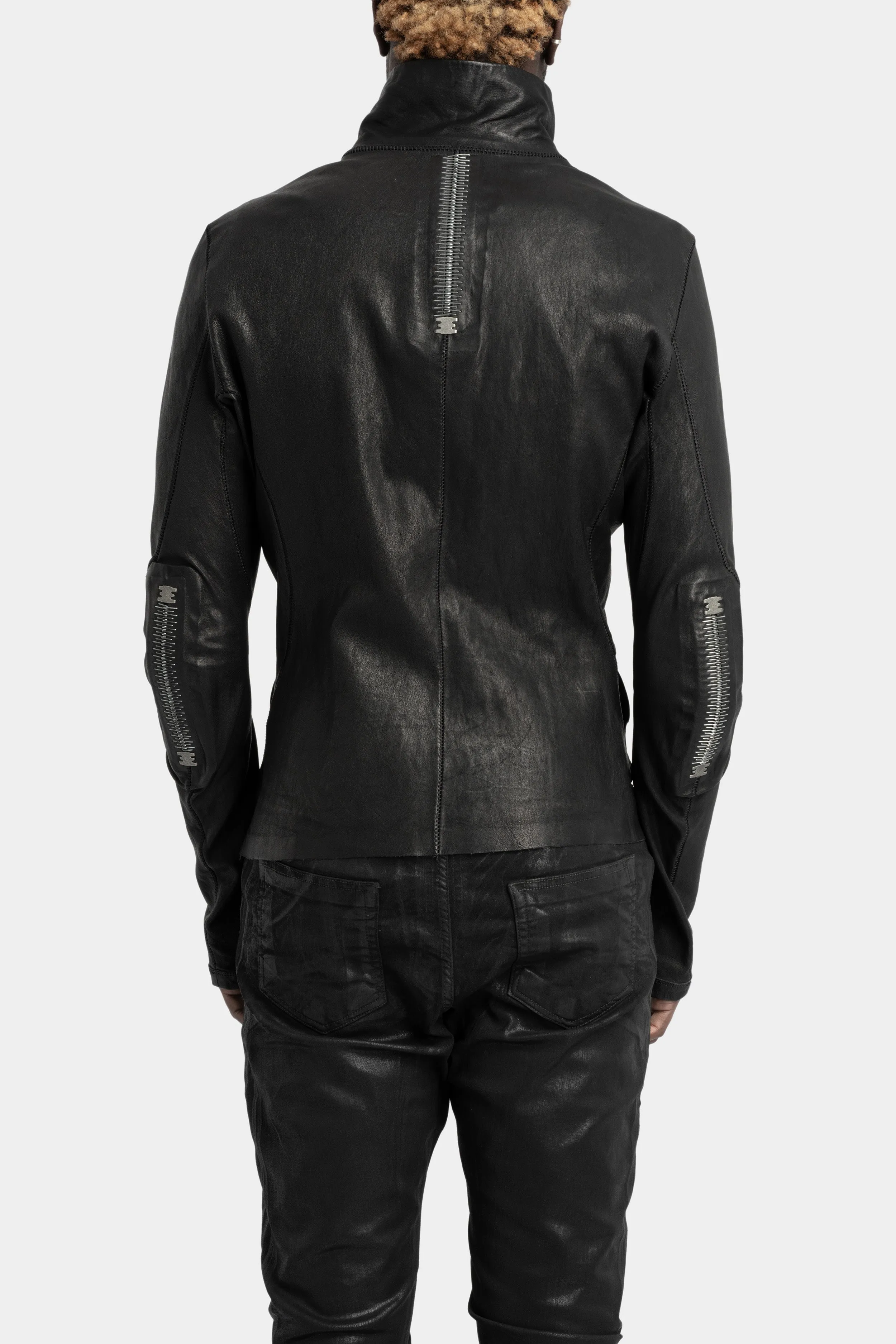 High neck asymmetric leather jacket