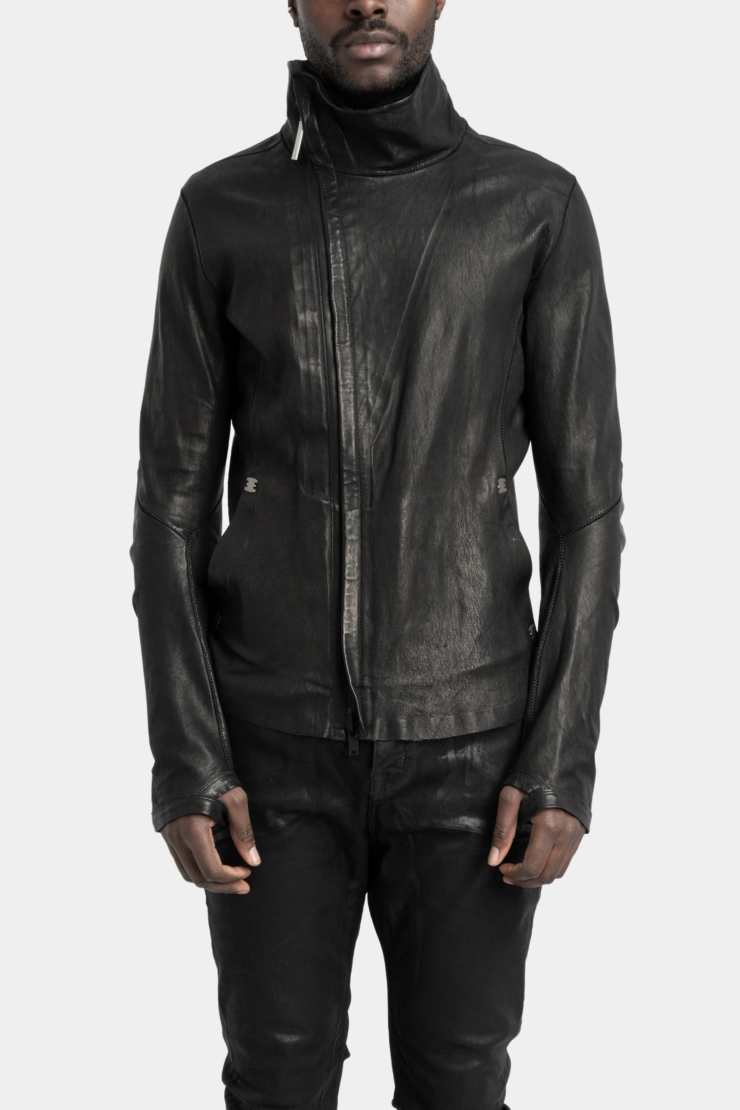 High neck asymmetric leather jacket
